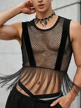 Men's See Through Mesh Long Tassel Fringe Cropped Tank SKUL57843