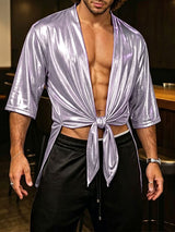 Men's Avant-Garde Liquid Metallic Gloss Front Tie Deep-V Deconstructed Cropped Kimono-Style Blazer SKUL63149