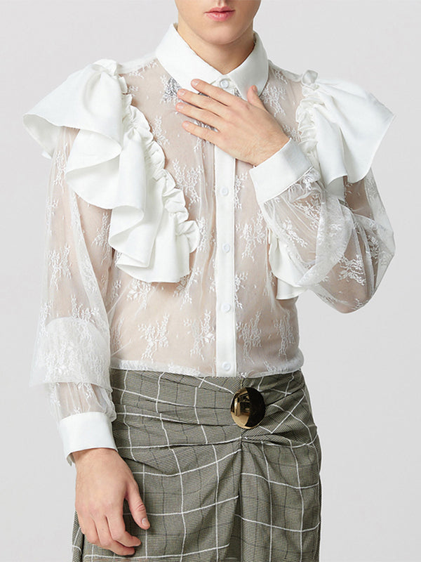 Mens Lace Sheer Long-Sleeve Shirt SKUK88249