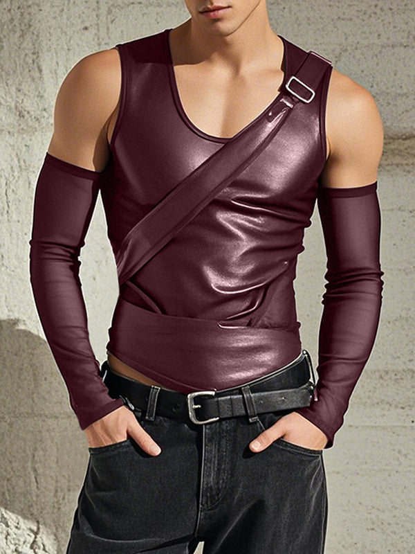 Mens Faux Leather Lace Patchwork Long Sleeve T-Shirt SKUK95638