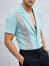 Men's Avant-Garde Pearl Beaded Mesh Patchwork Short Sleeve Cuban Collar Shirt SKUL64296