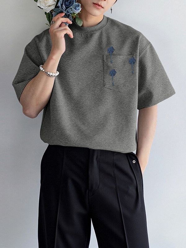Men's Small Flower Embroidered Loose Short Sleeve T-Shirt SKUL38089