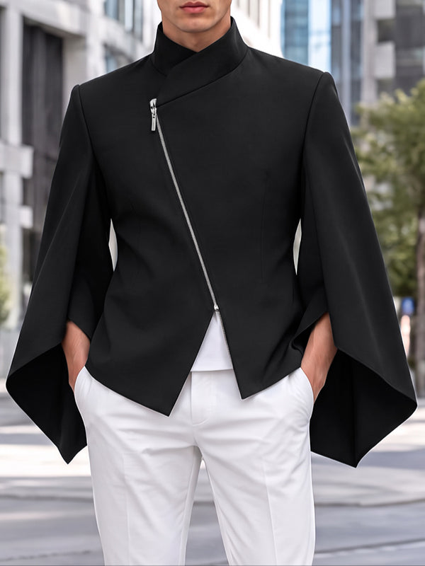 [Pre-order] Men's Avant-Garde Deconstructed Stage Runway Diagonal Zip Slit Cape Sleeve Stand Collar Blazer SKUL89188