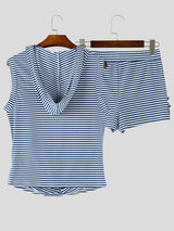 Men's Beach Resort Striped Deep U-Neck Cowl Drape Hooded Tank SKUL68289
