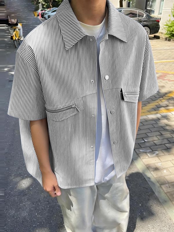 Men's Striped Utility Short Sleeve Shirt SKUL58657