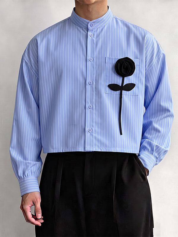 Men's Romantic Avant-Garde 3D Rose Appliqué Cropped Pinstripe Mandarin Collar Shirt SKUL79629