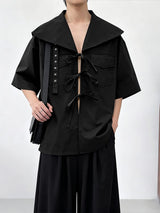 Men's Solid Color Tie Design Sailor Collar Half Sleeve Shirt SKUL51816