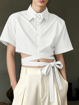 Men's Multi-Wrap Waist Tie Detail 3D Rose Collar Cropped Short Sleeve Shirt SKUL55290