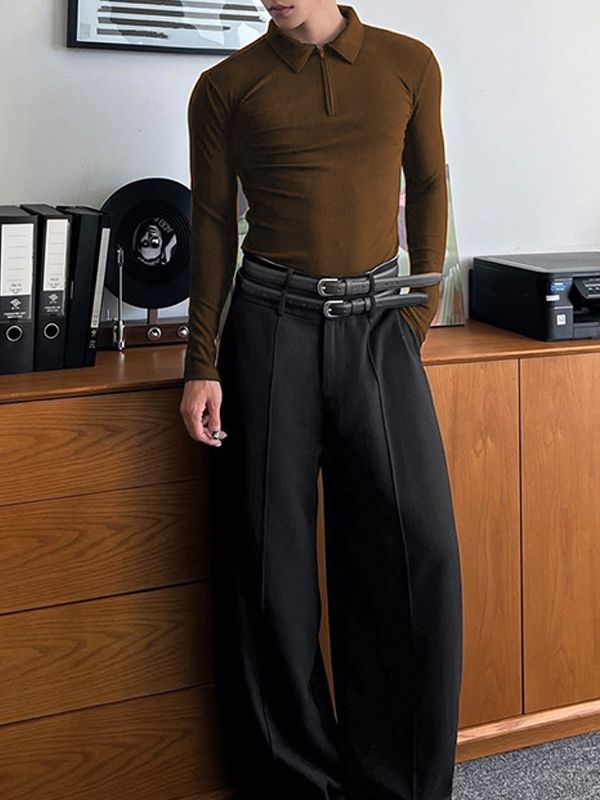 Men's Textured Knit Lapel Long Sleeve T-Shirt SKUL32787
