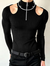 Men's Cut-Out Design Zipper Long Sleeve T-shirt SKUL46434