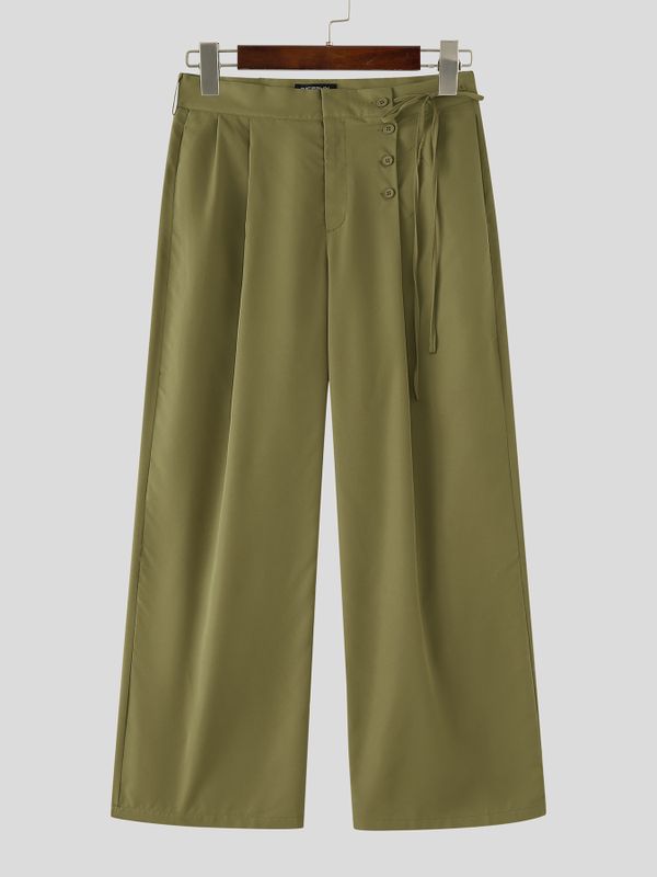 Men's Retro Japanese Style Button Front Tie Detail Wide-Leg Pant SKUL59503