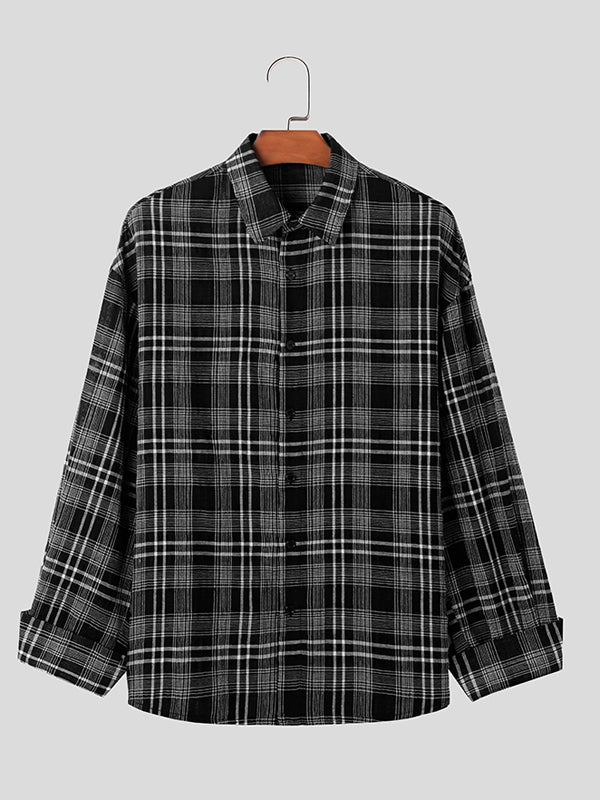 Mens Plaid Lapel Casual Long Sleeve Shirt SKUK32392