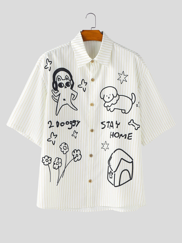 Men's Cartoon Print Striped Short Sleeve Shirt SKUL17040