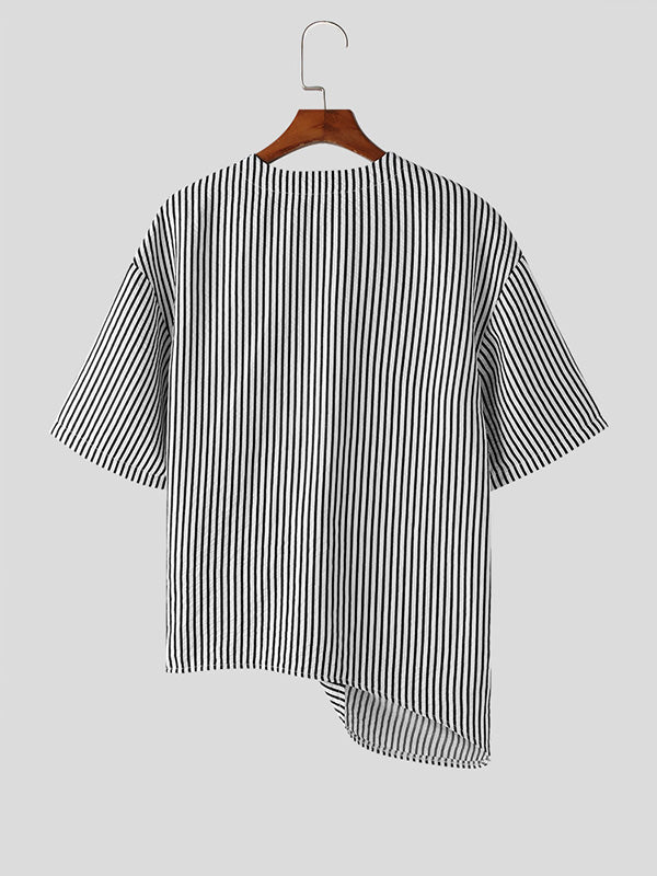 Mens Asymmetrical Front Striped Half Sleeve Shirt SKUK65898