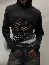 Mens Sheer Mesh Patchwork Long-Sleeve Hoodie SKUK87164