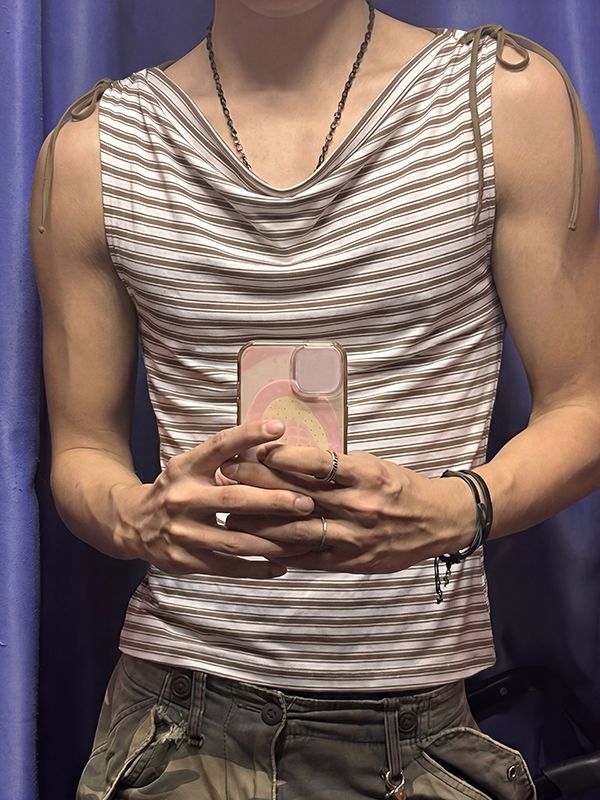 Men's High Street Striped Cowl Neck Shoulder Tie Tank SKUL66113