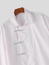 Men's New Chinese Style Vertical Stripe Frog Button Short Sleeve Shirt SKUL60142
