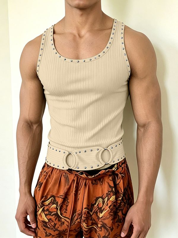 Men's Vintage Heavy Studded Eyelet O-Ring Ribbed Fitted Muscle Tank SKUL63008