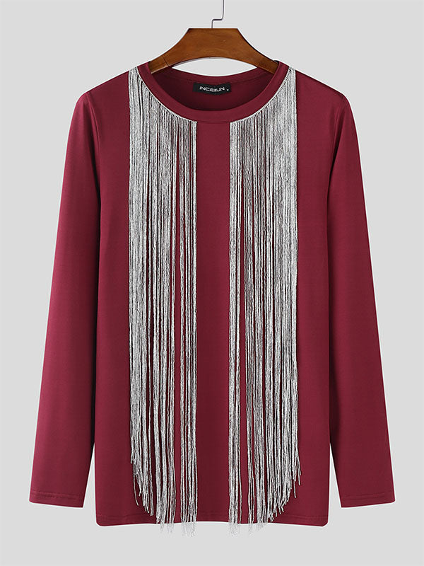 Men's Glitter Tassel Patchwork Crew Neck Long Sleeve T-Shirt SKUL23657