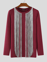 Men's Glitter Tassel Patchwork Crew Neck Long Sleeve T-Shirt SKUL23657