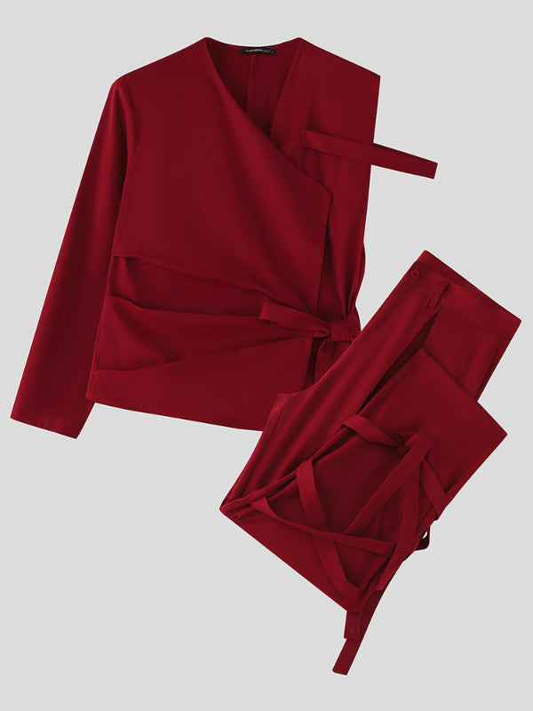 Men's Solid Color Tie Casual Two Pieces Outfit SKUL25825