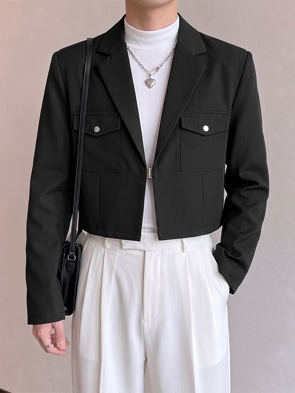Men's Clean-Fit Minimalist City Walk Notch Lapel Metal Buckle Flap Pocket Cropped Blazer SKUL85231