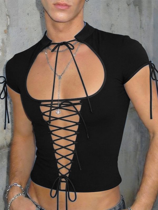Men's Avant-Garde Lace-Up Front Chest Cutout Cropped T-shirt SKUL59583