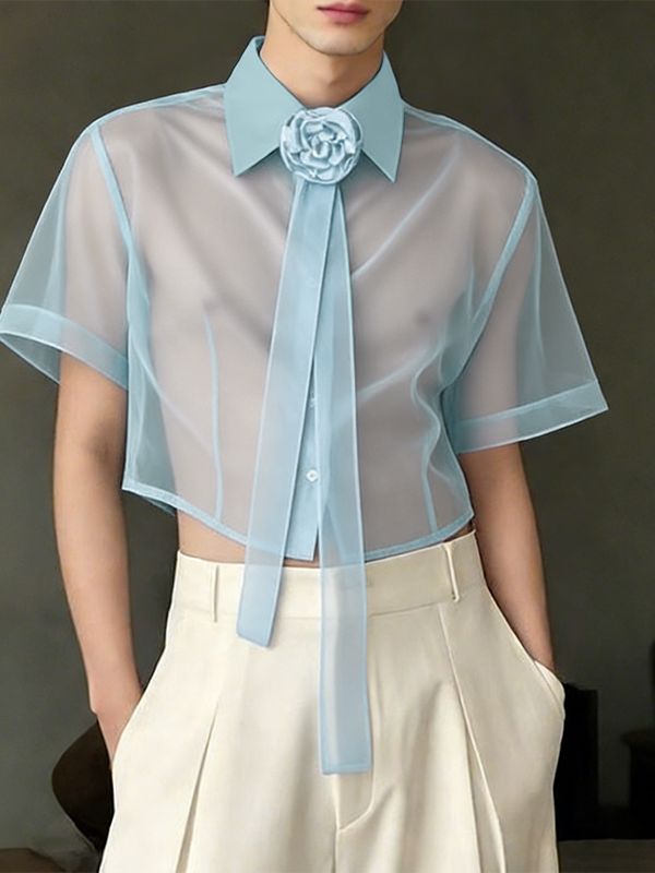 Men's 3D Rosette & Floating Ribbons Sheer Organza Cropped Shirt SKUL55379