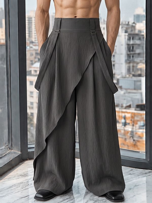 Men's Zen Minimalist Art Exhibition Asymmetric Wrap Overlay High-Waist Wide-Leg Pant SKUL85945