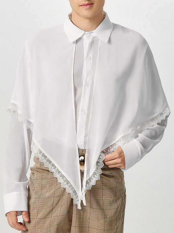 Mens Asymmetric Patchwork Lace Long Sleeve Shirt SKUK79576