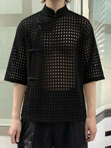 Men's Hollow Out Mesh Frog Button Half Sleeve Shirt SKUL55348