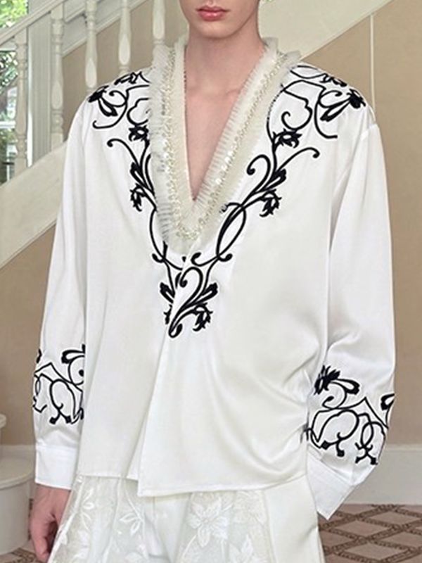Men's Satin Embroidered V Neck Long Sleeve Shirt SKUL28240