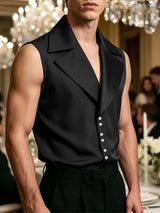 Men's Avant-Garde Tuxedo Lapel Satin Tailored Sleeveless Shirt SKUL62973