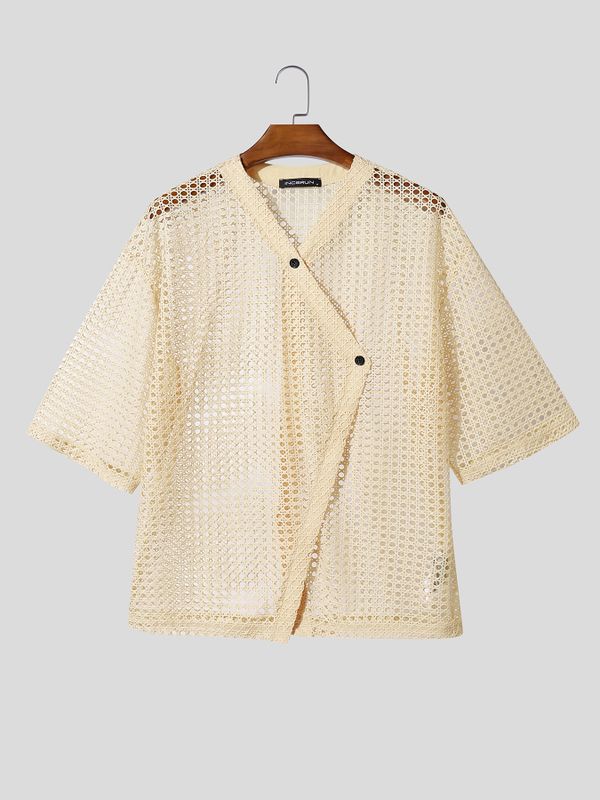 Men's Asymmetric Sheer Mesh Short Sleeve Shirt SKUL60239