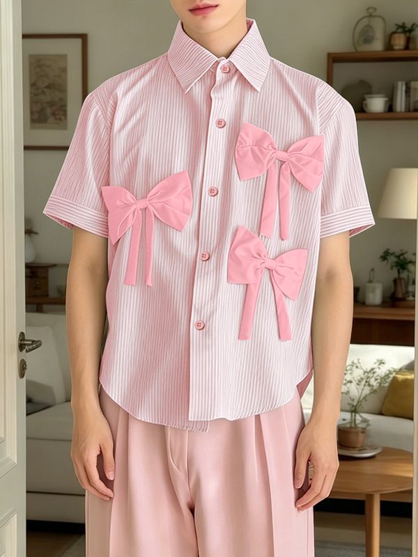 Men's Avant-Garde 3D Bow Pinstripe Short Sleeve Shirt SKUL58766