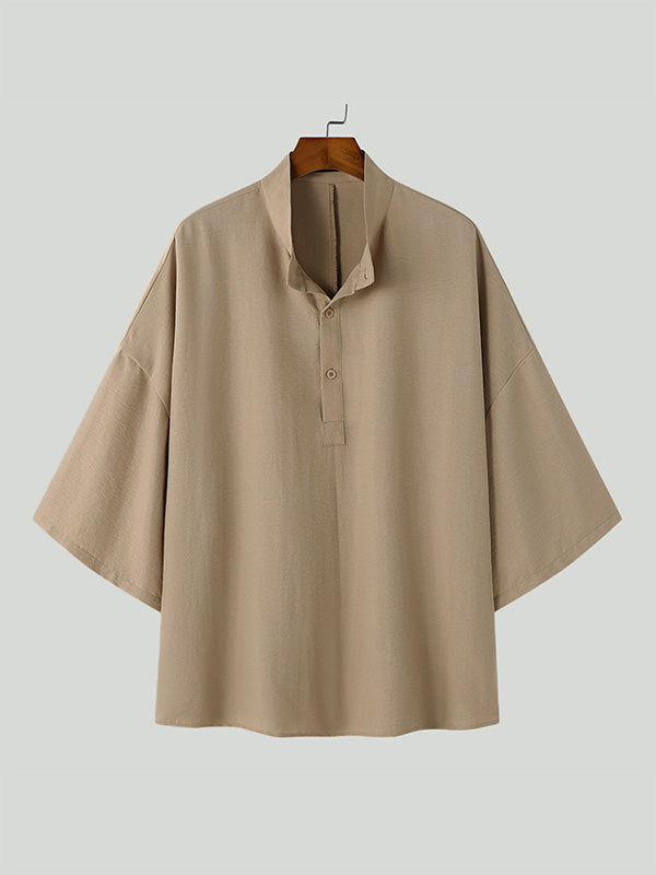 Mens Solid Stand Collar Loose Henley Shirt SKUK19640