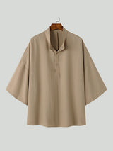 Mens Solid Stand Collar Loose Henley Shirt SKUK19640