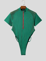 Men's Avant-Garde Clubwear Mesh-Spliced High-Cut Zip-Front Ribbed Bodysuit SKUL74884