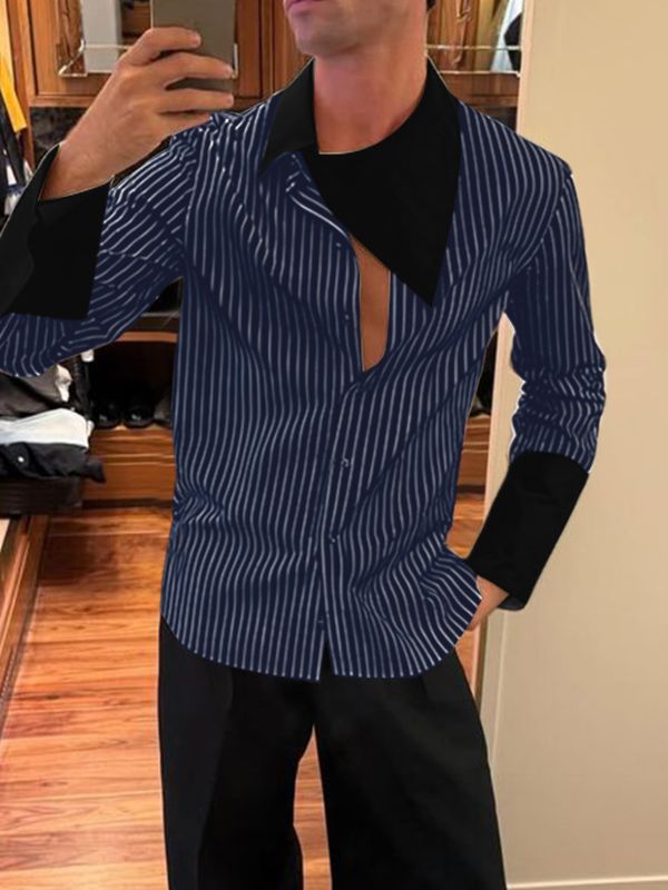 Men's Stripe Asymmetric Collar Long Sleeve Shirt SKUL42794