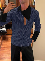 Men's Stripe Asymmetric Collar Long Sleeve Shirt SKUL42794
