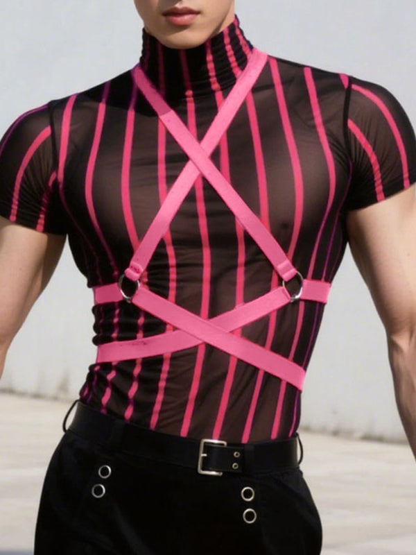 Men's Sheer Mesh Striped Short Sleeve T-Shirt SKUL24573