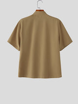 Men's Solid Color Pleated Stand Collar Short Sleeve Shirt SKUL56231