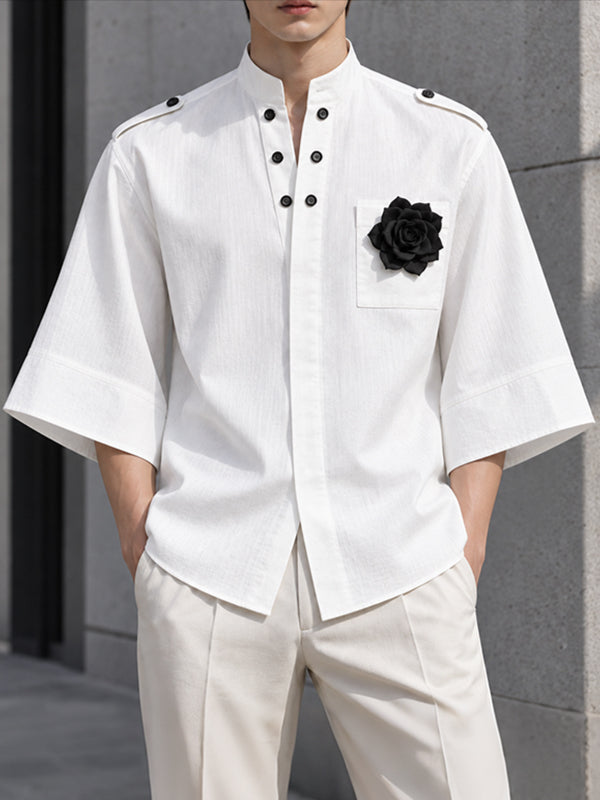 [Pre-order] Men's Zen Minimalist Art Exhibition 3D Flower Stand Collar Epaulet Shirt SKUL88391