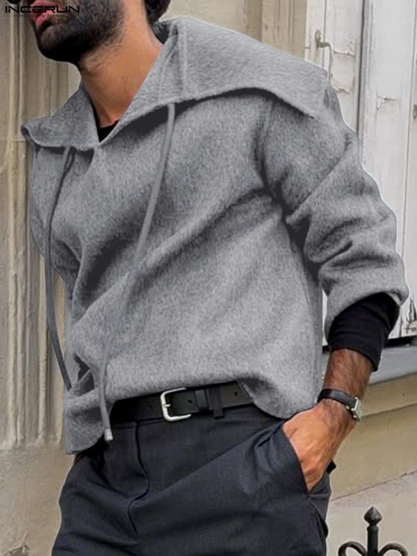 Men's Solid Color Sailor Collar Pullover Long Sleeve Hoodie SKUL47683