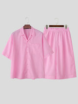 Men's Vintage Casual Stripe Pinstripe Camp Collar Two Pieces Outfit SKUL70401