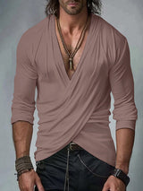 Mens Solid Color Cross Neck Long Sleeve T-Shirt SKUK80443