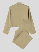 Men's Zen Minimalist Art Exhibition Stand Collar Flap Pocket Cropped Two Pieces Outfit SKUL84620