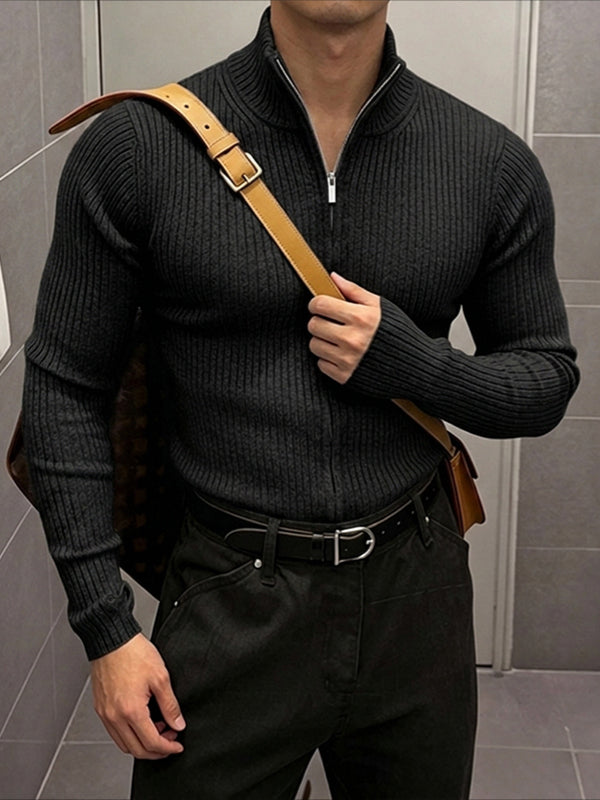 Men's Early Autumn Urban Casual Full Zip Ribbed Long Sleeve Stand Collar Cardigan SKUL79623