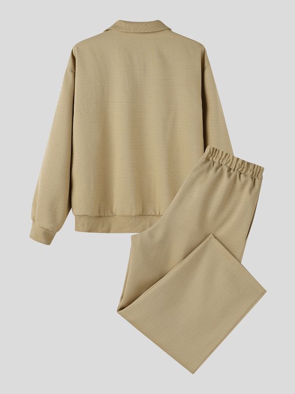 Men's High-Street Textured Polo Collar Two Pieces Outfit SKUL80488