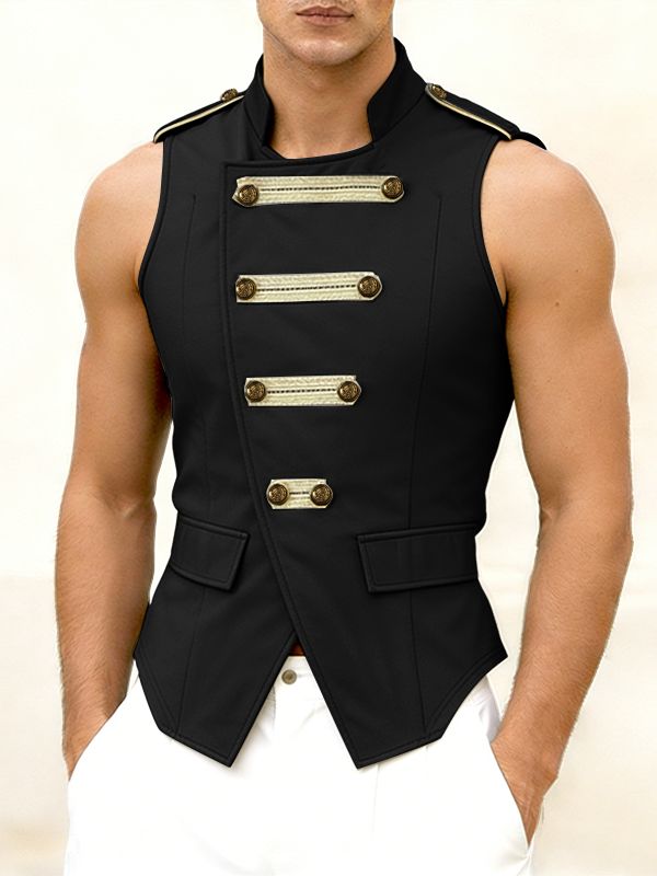 Men's Avant-Garde Brandebourgs Shoulder Epaulettes Stand Collar Tank SKUL61859